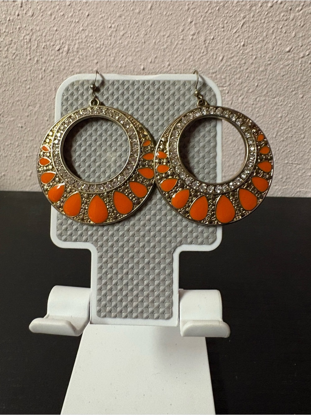 Gold Tone Orange Statement Hoop Earrings Rhinestone Boho Dangle